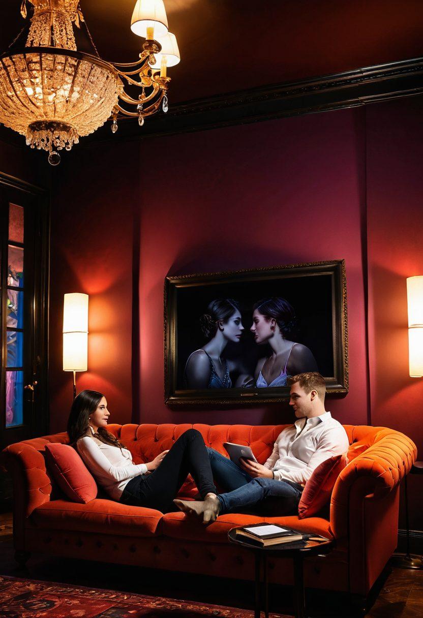 A captivating scene with a vibrant, dimly lit room featuring a pair of flirtatious individuals engaged in playful conversation on an extravagant couch, surrounded by seductive lighting and alluring shadows. Various screens showcasing live cam feeds in the background create a sense of connectivity and excitement. Include elegant decor elements like plush pillows and ambient lighting to set the mood. super-realistic. vibrant colors. intimate atmosphere.